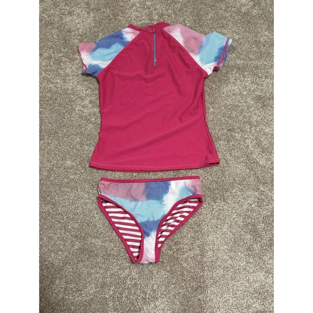 Eddie Bauer Girls Swimsuit Set Short Sleeve Rash Guard Bikini Bottoms   Size 7/8